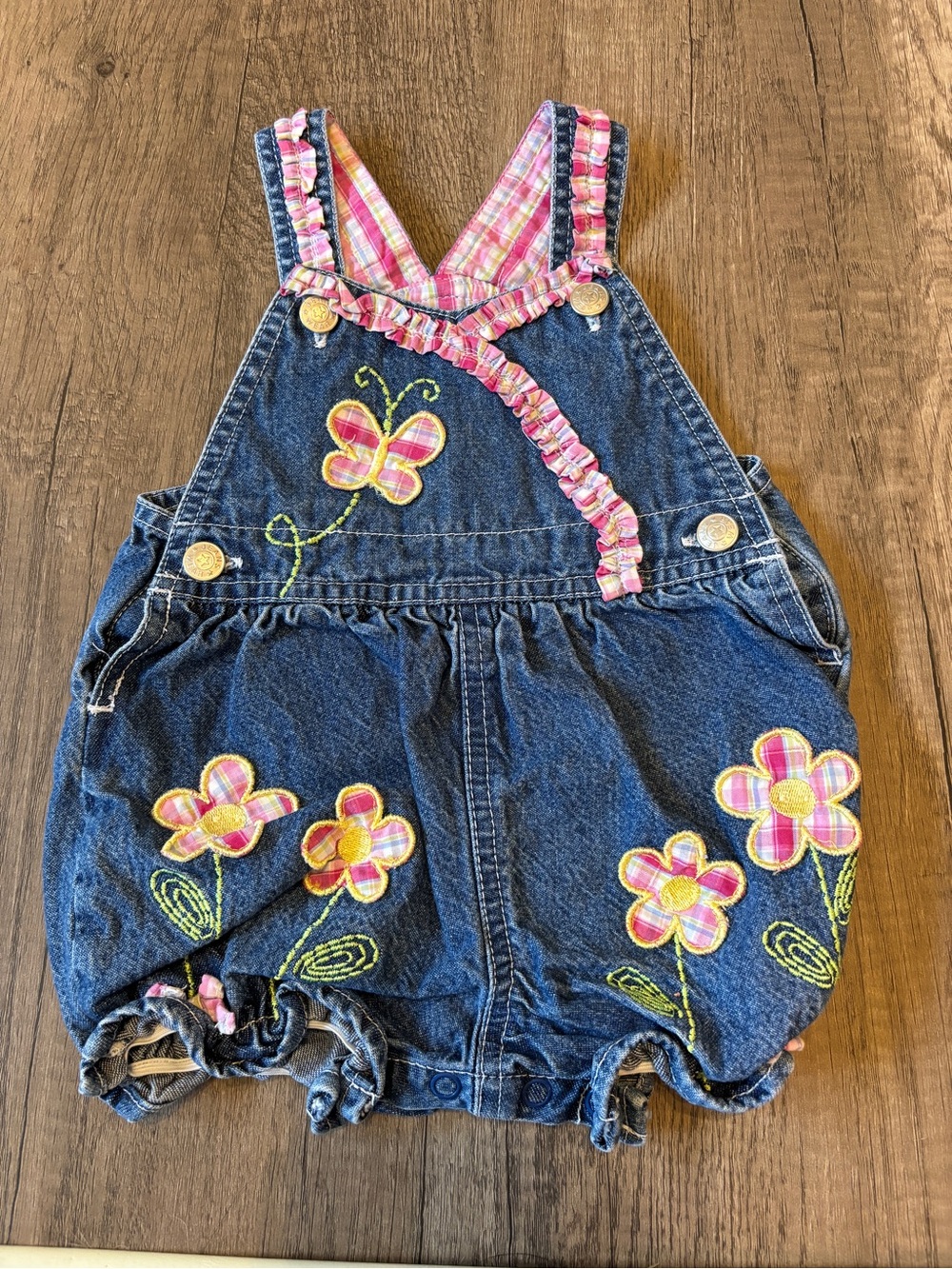 Vintage 2000s Y2K Baby Denim Bubble Overalls Romper Embroidered Butterfly Floral